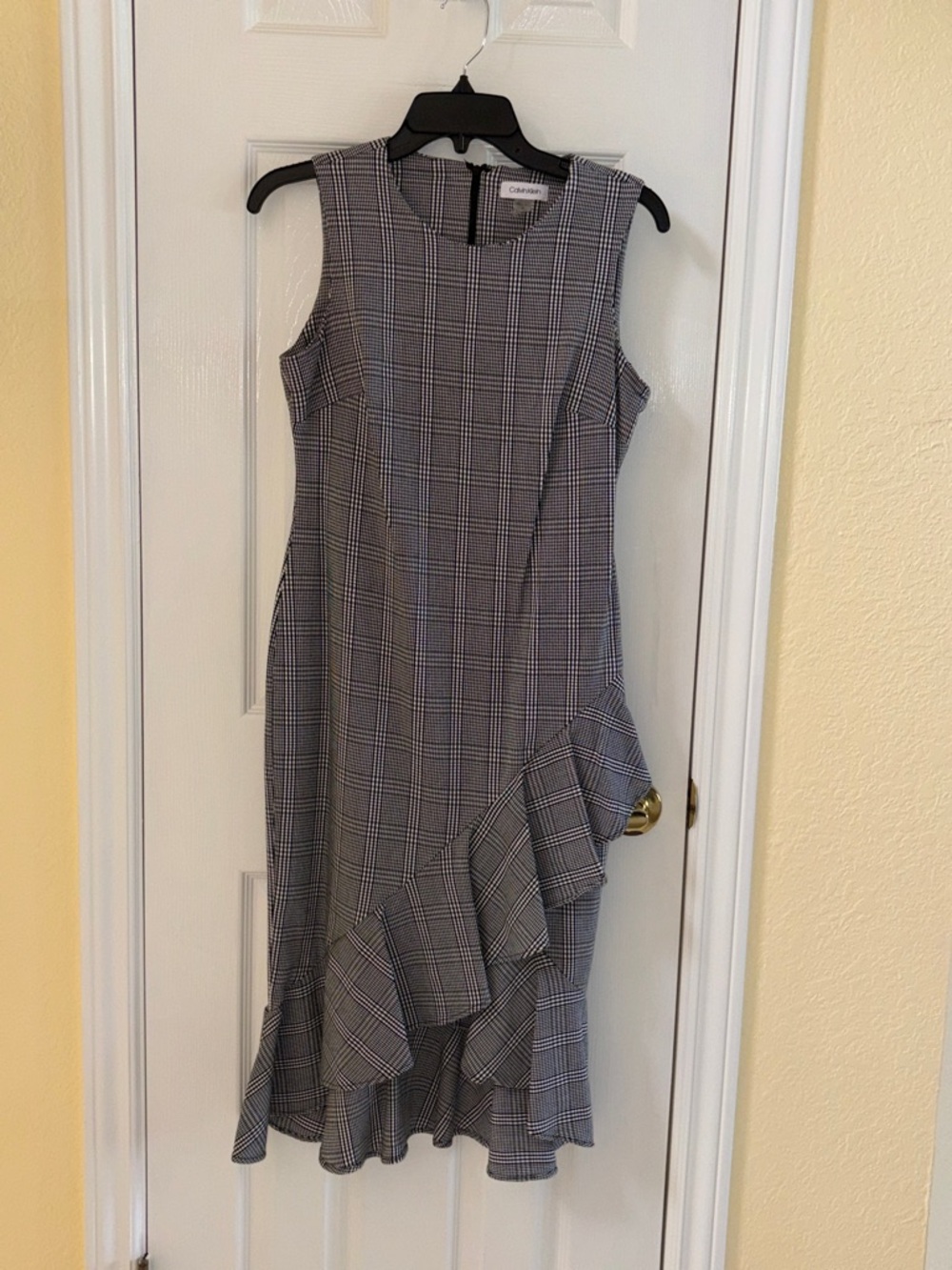 Calvin Klein Black and White Plaid Ruffle-Trim Midi Dress